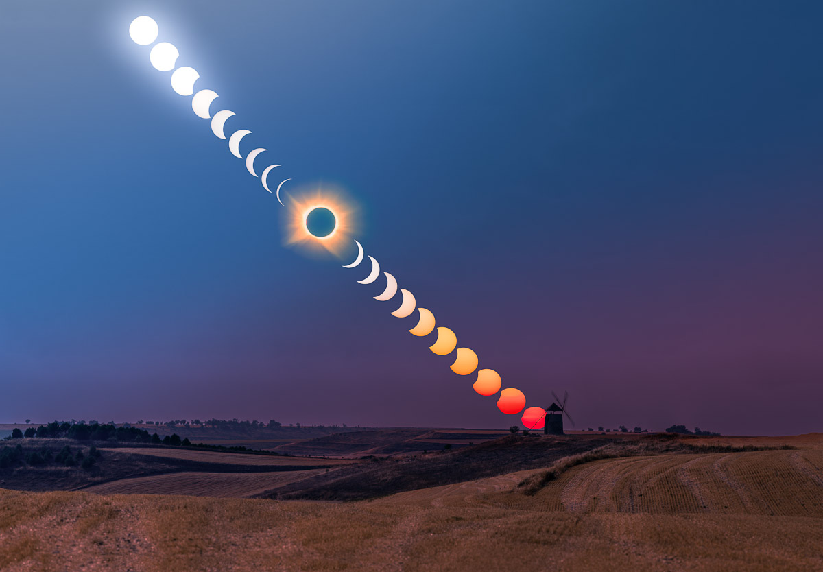 Vorbereitungskurs Sonnenfinsternis 2027 – Sequenzaufnahme der Sonnenfinsternisphasen von Beginn bis Totalität